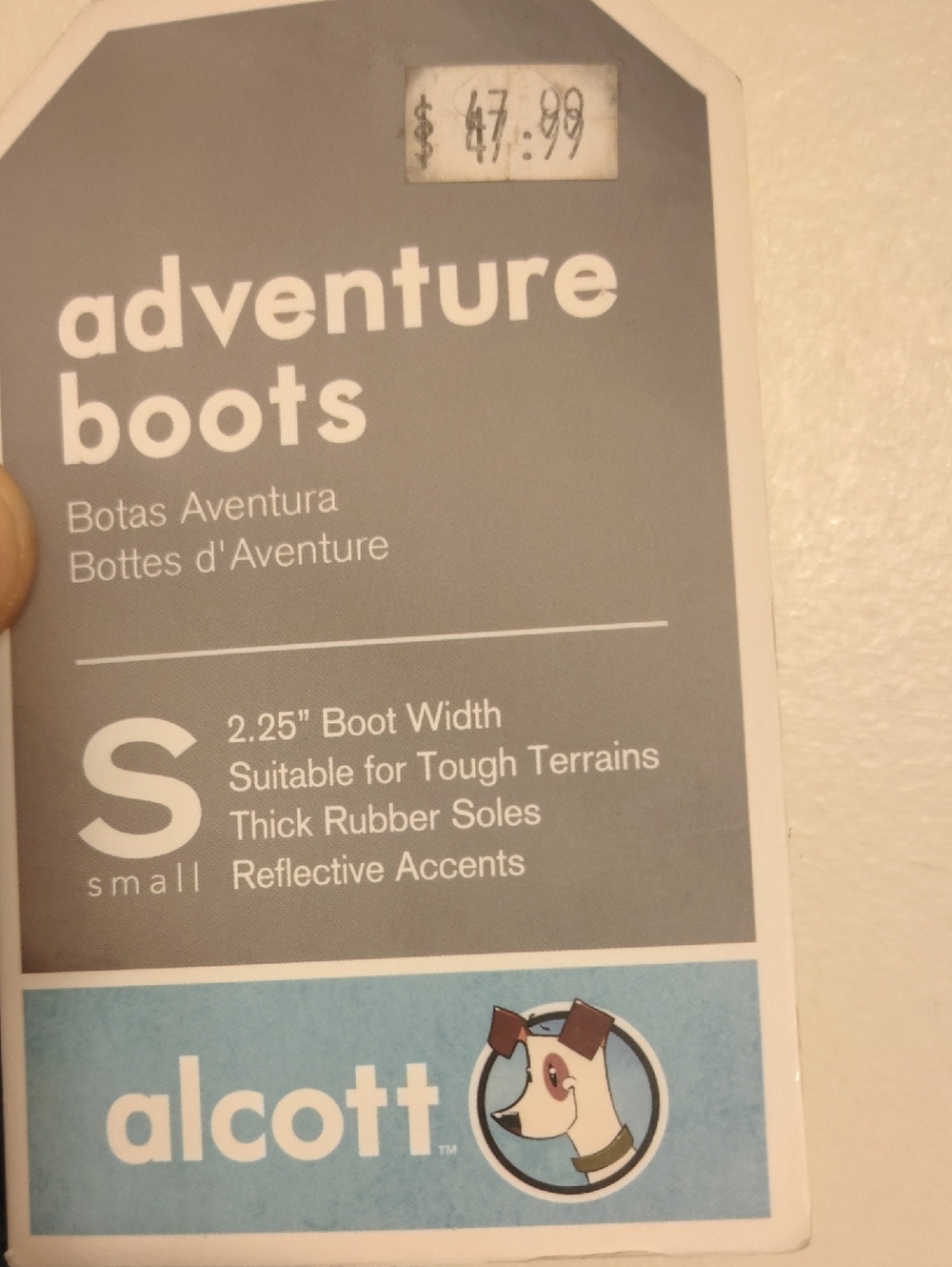 Alcott adventure boots tag - blue and gray
